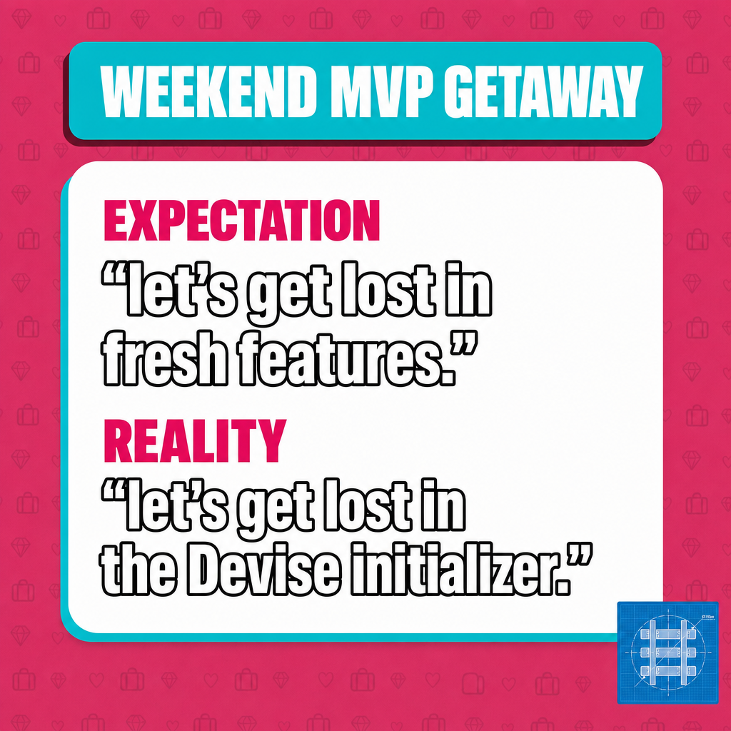 WEEKEND MVP GETAWAY

Expectation
"let's get lost in fresh features."

Reality
"let's get lost in the Devise initializ...