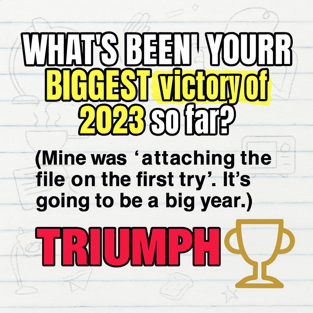 What's been your biggest victory of 2023 so far? (Mine was 'attaching the file on the first try'. It's going to be a big year.)