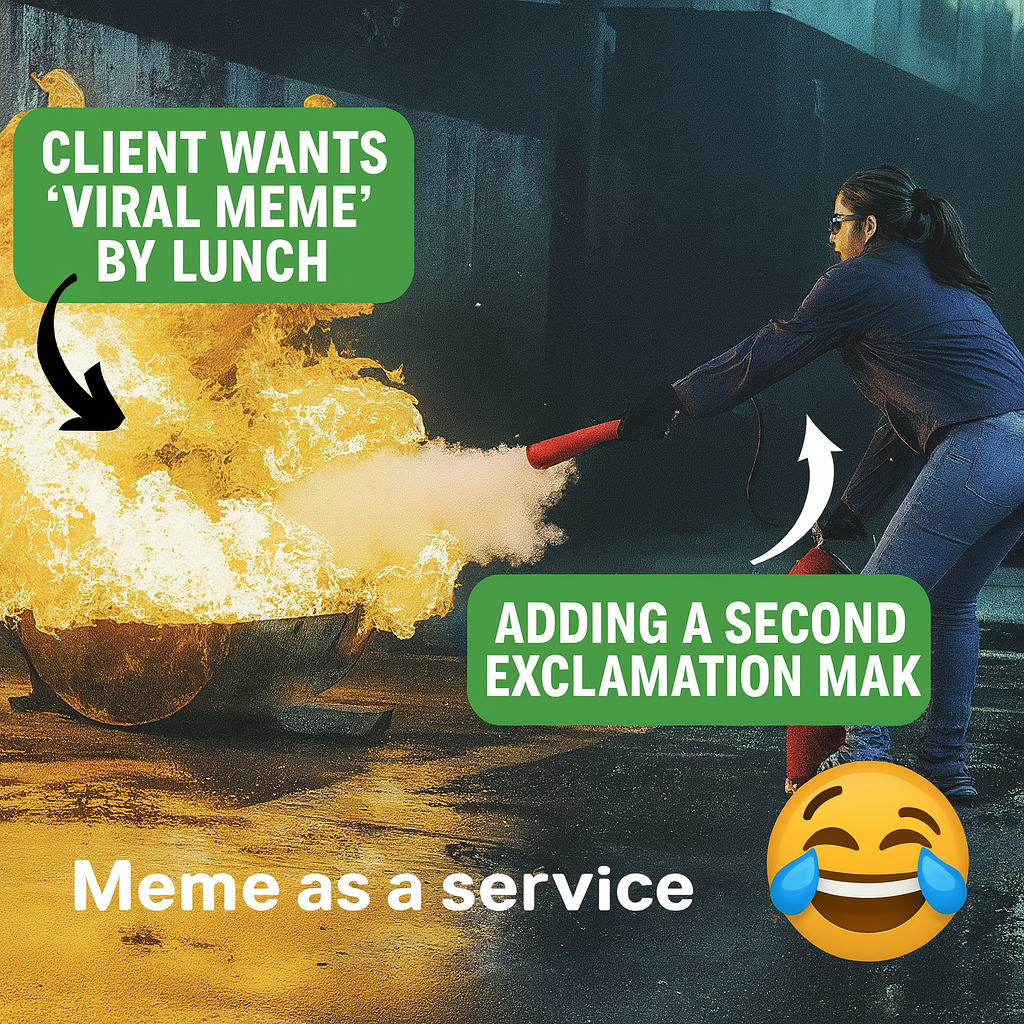Client wants 'viral meme' by lunch IMAGE: PERSON USING FIRE EXTINGUISHER Adding a second exclamation mark