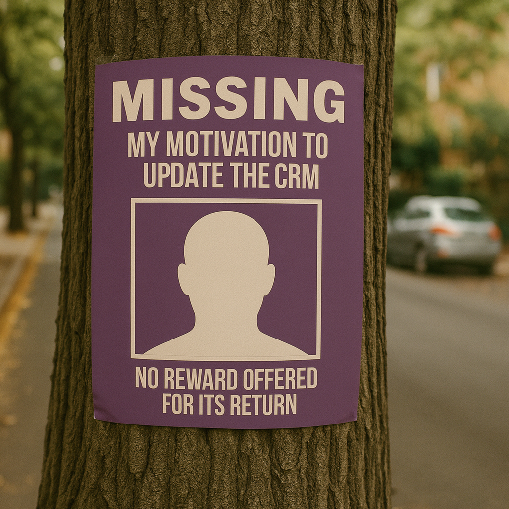 MISSING: My motivation to update the CRM.

[PICTURE OF BLANK FACE OUTLINE SILHOUETTE]

No reward offered for its return.