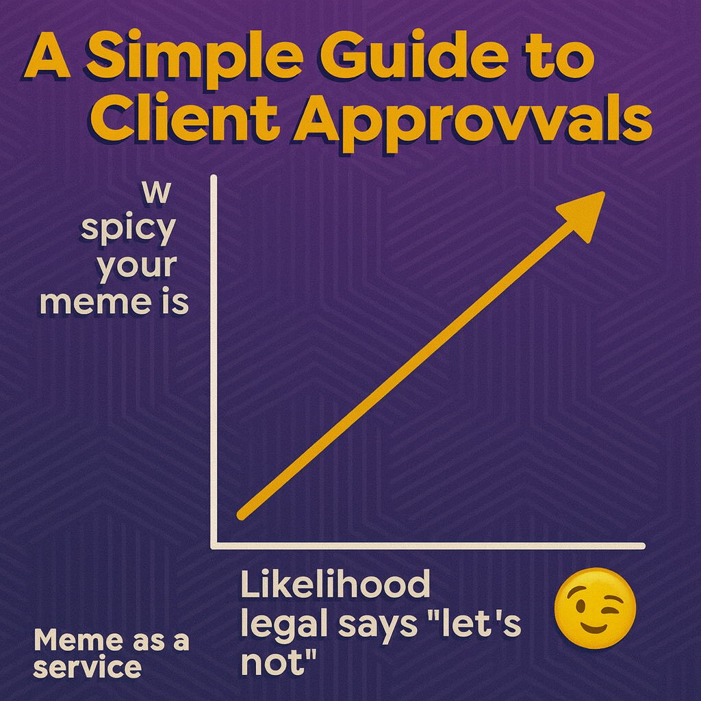 A Simple Guide to Client Approvals - How spicy your meme is (Y-axis) vs Likelihood legal says 'let’s not' (X-axis) with an upward trending line