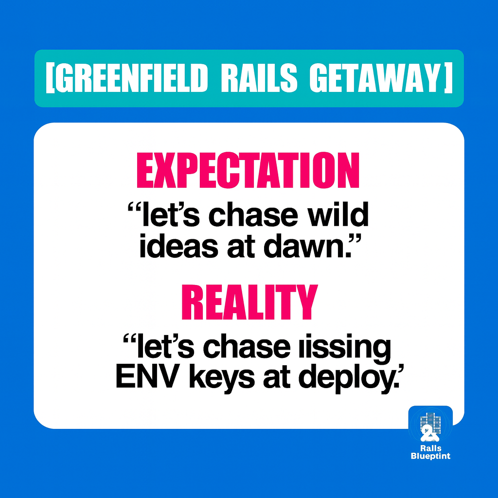 [GREENFIELD RAILS GETAWAY]

Expectation
"let's chase wild ideas at dawn."

Reality
"let's chase missing ENV keys at deploy."