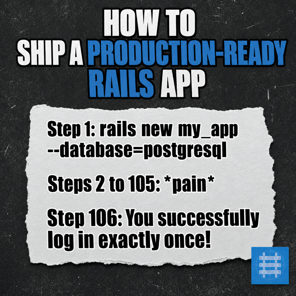 How to SHIP A PRODUCTION-READY RAILS APP

Step 1: rails new my_app --database=postgresql

Steps 2 to 105: *pain*

Step 106: You successfully log in exactly once!