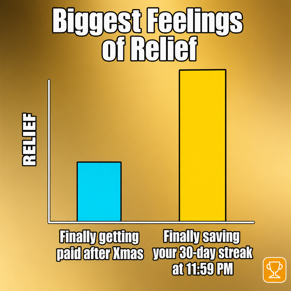 Biggest Feelings of Relief - Finally getting paid after Xmas (smaller bar), Finally saving your 30-day streak at 11:59 PM (larger bar)