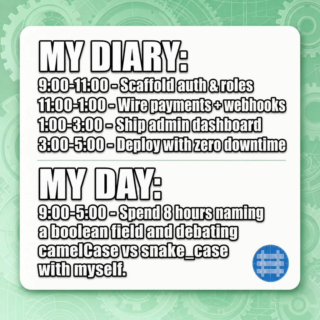 My Diary: "9:00-11:00 - Scaffold auth & roles" "11:00-1:00 - Wire payments + webhooks" "1:00-3:00 - Ship admin dashboard" "3:00-5:00 - Deploy with zero downtime"

My Day: "9:00-5:00 - Spend 8 hours naming a boolean field and debating camelCase vs snake_case with myself."