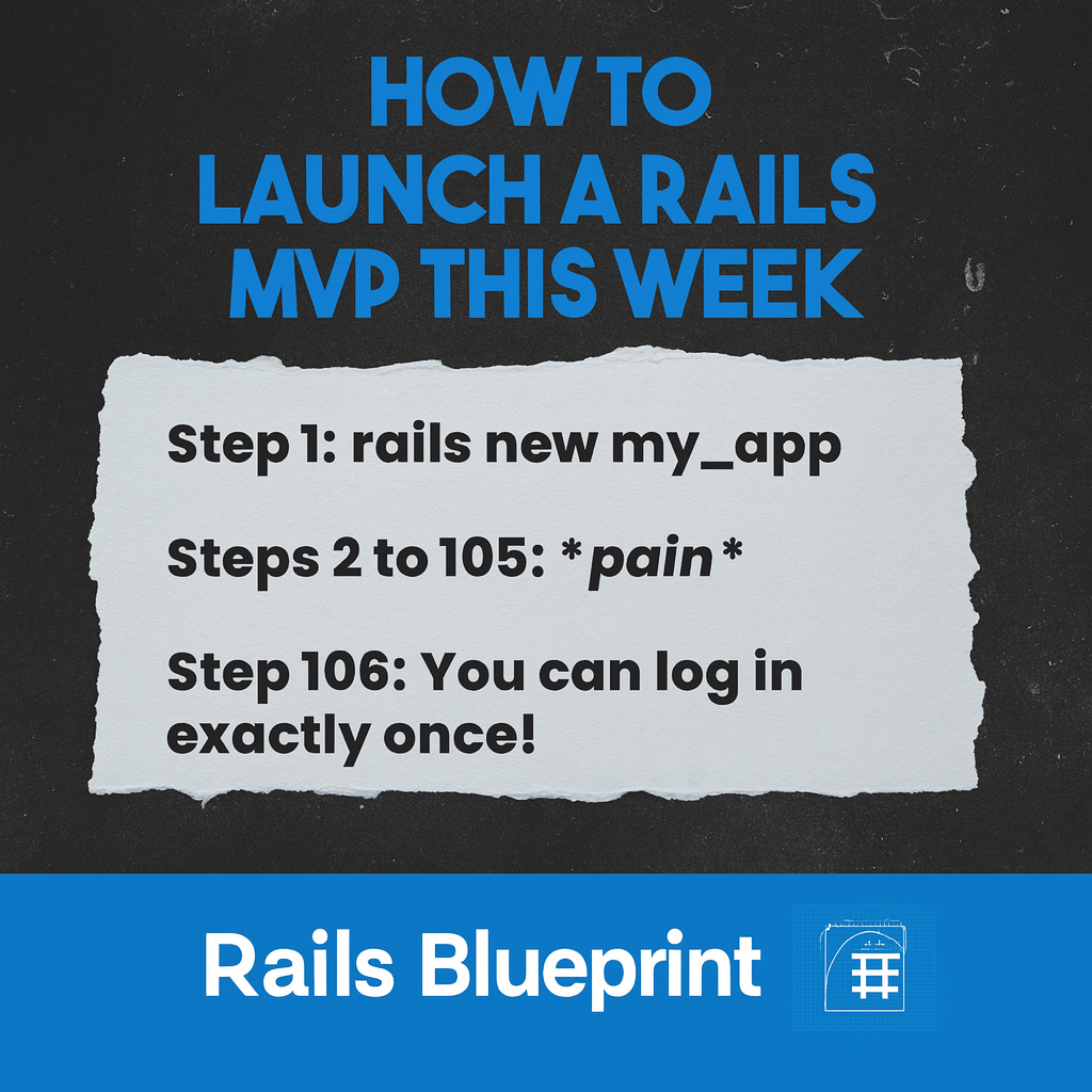 How to launch a Rails MVP this week

Step 1: rails new my_app

Steps 2 to 105: *pain*

Step 106: You can log in exactly once!