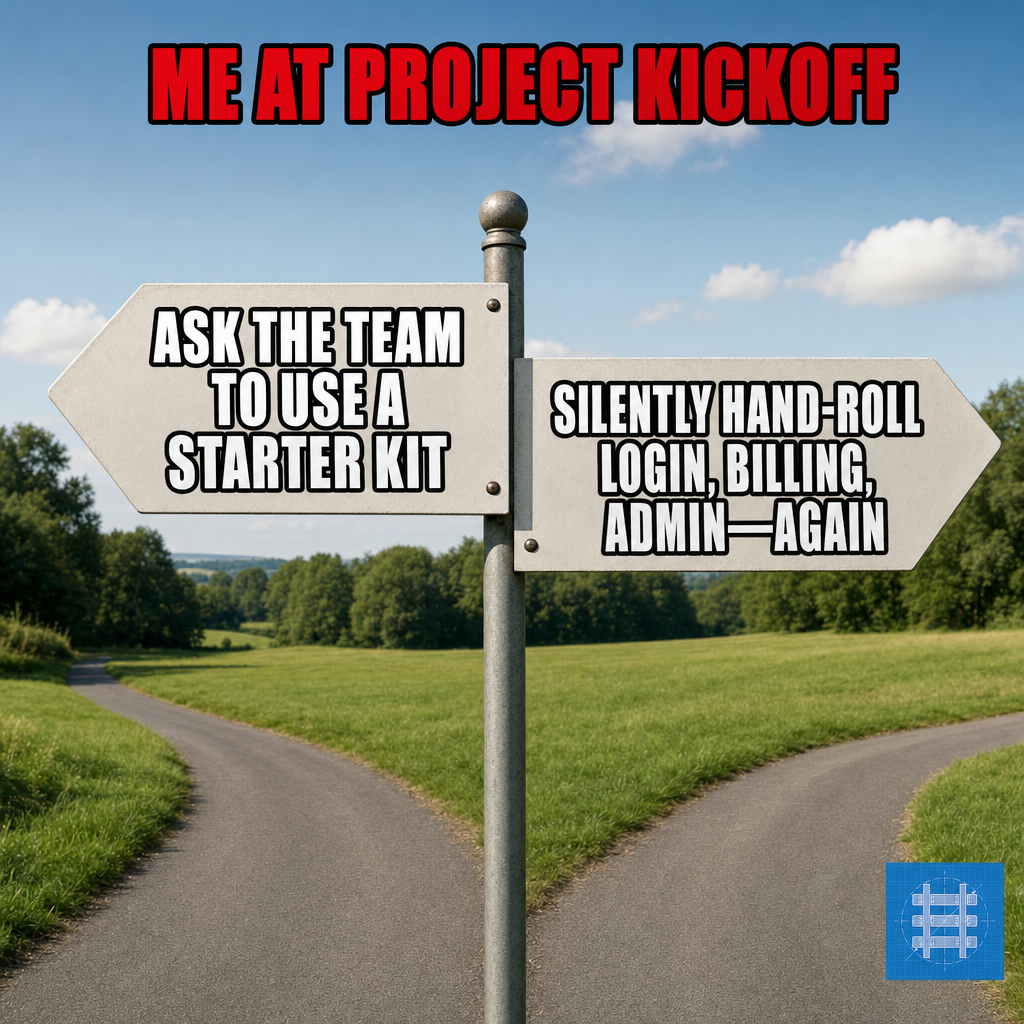 Left sign: Ask the team to use a starter kit / Right sign: Silently hand-roll login, billing, admin—again