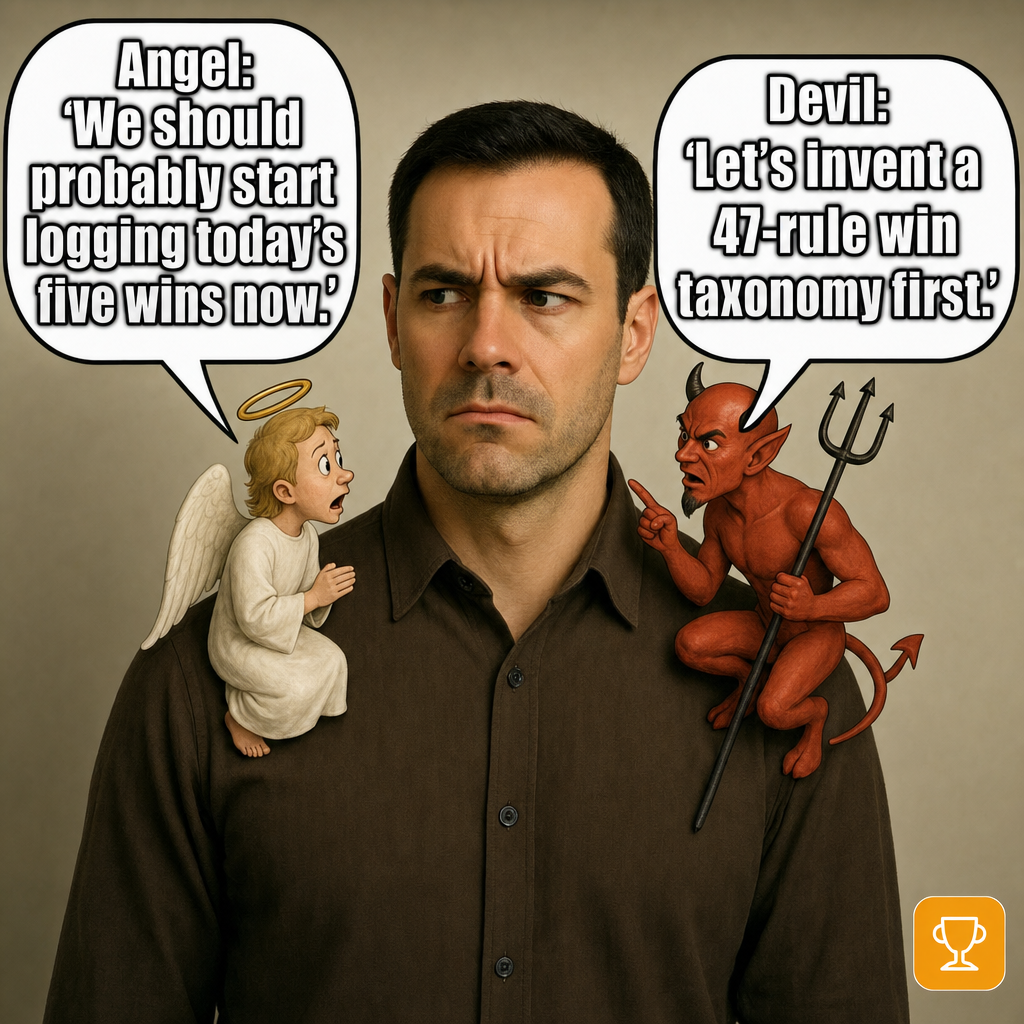 Angel: 'We should probably start logging today's five wins now.' Devil: 'Let's invent a 47-rule win taxonomy first.'