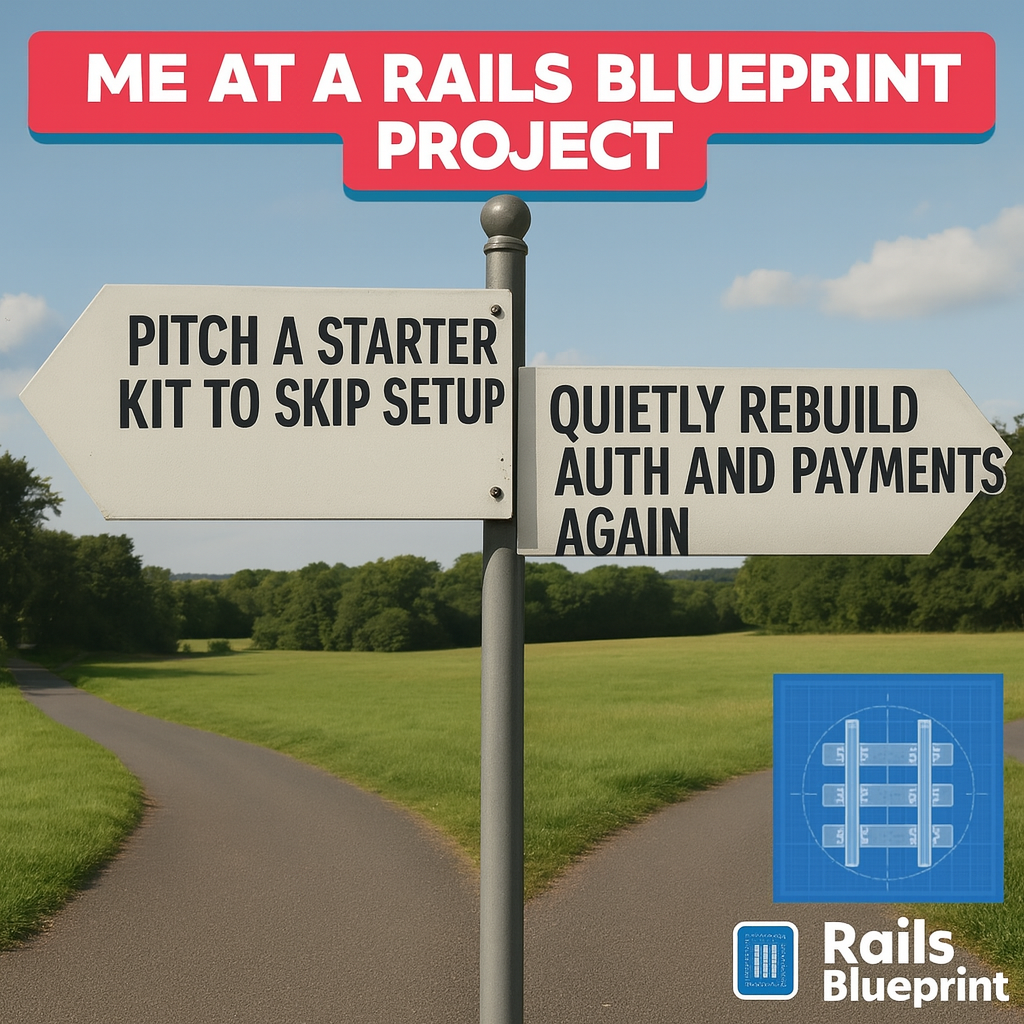Left sign: PITCH A STARTER KIT TO SKIP SETUP / Right sign: QUIETLY REBUILD AUTH AND PAYMENTS AGAIN