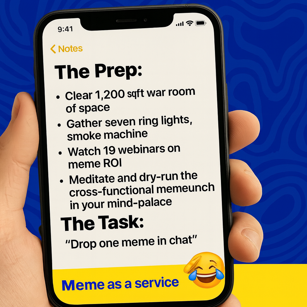 The Prep:
Clear 1,200 sq ft war room of space
Gather seven ring lights, smoke machine
Watch 19 webinars on meme ROI
Meditate and dry-run the cross-functional meme launch in your mind-palace

The Task:
"Drop one meme in chat"