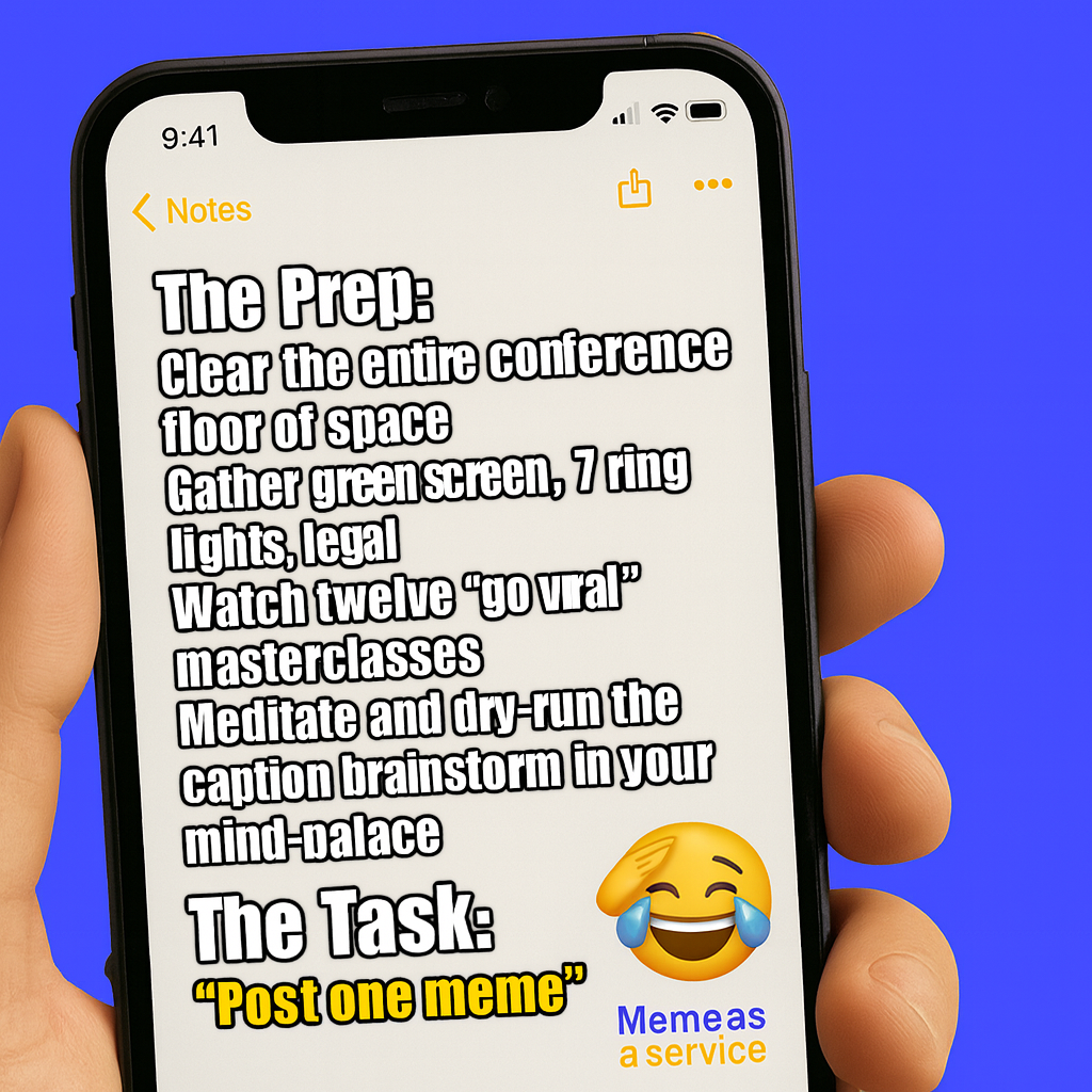 The Prep:
Clear the entire conference floor of space
Gather green screen, 7 ring lights, legal
Watch twelve 'go viral' masterclasses
Meditate and dry-run the caption brainstorm in your mind-palace

The Task:
"Post one meme"