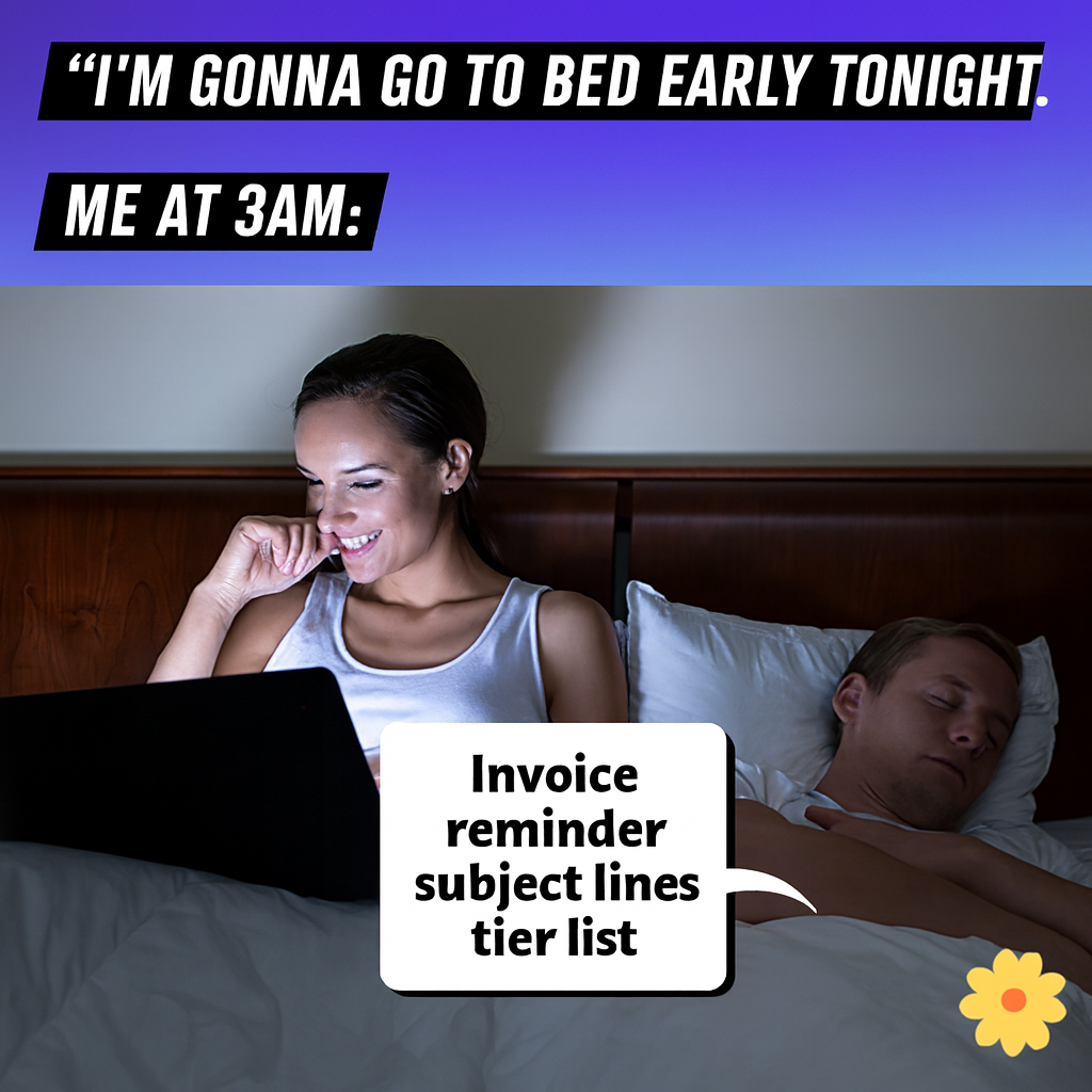 "I'm gonna go to bed early tonight." Me at 3am: Image = using laptop in bed Arrow pointing on laptop = Invoice reminder subject lines tier list