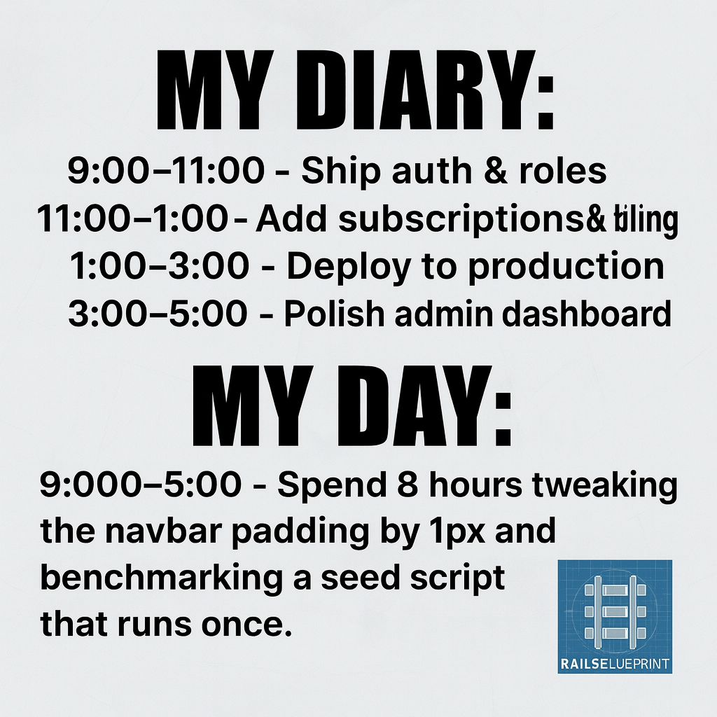 My Diary: "9:00-11:00 - Ship auth & roles" "11:00-1:00 - Add subscriptions & billing" "1:00-3:00 - Deploy to production" "3:00-5:00 - Polish admin dashboard"

My Day: "9:00-5:00 - Spend 8 hours tweaking the navbar padding by 1px and benchmarking a seed script that runs once."