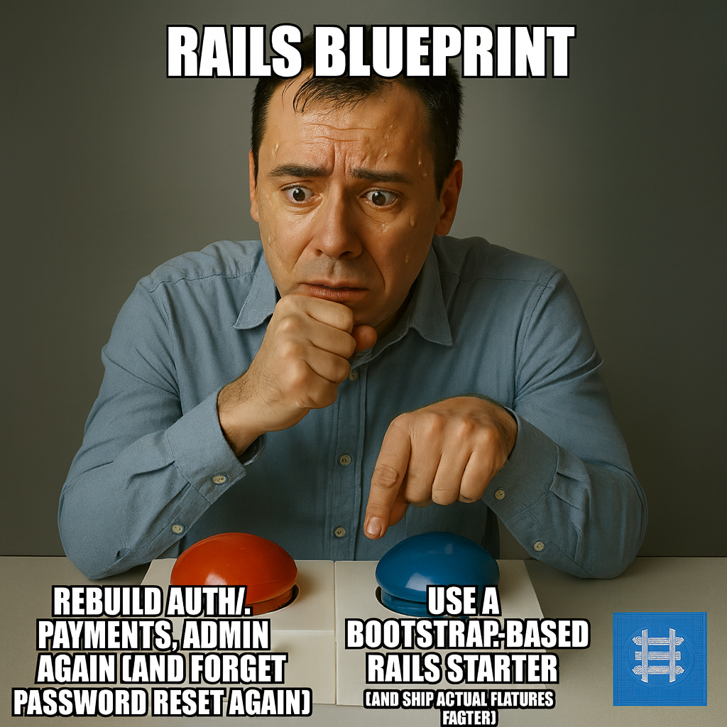 Button A: "Rebuild auth, payments, admin again (and forget password reset again)" Button B: "Use a Bootstrap-based Rails starter (and ship actual features faster)"