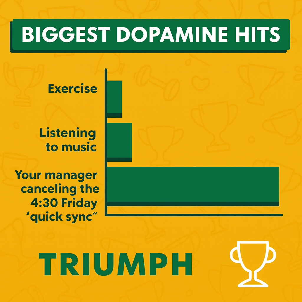 Biggest Dopamine Hits
Exercise
Listening to music
Your manager canceling the 4:30 Friday 'quick sync'