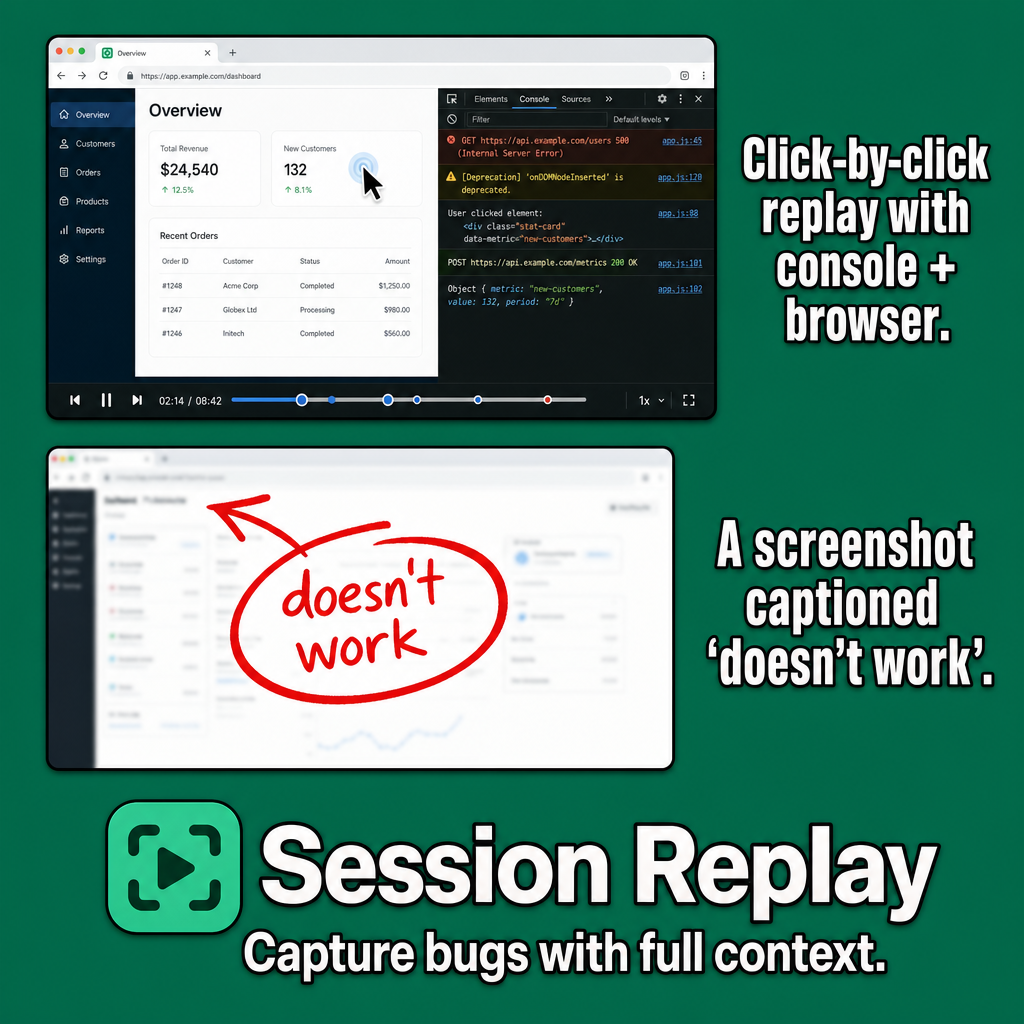 Click-by-click replay with console + browser
A screenshot captioned 'doesn't work'
