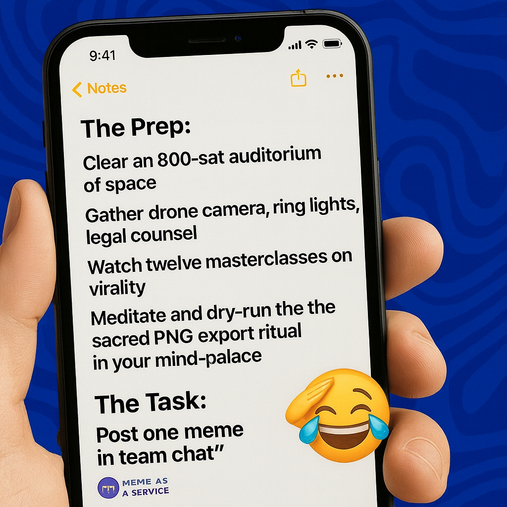 The Prep:
Clear an 800-seat auditorium of space
Gather drone camera, ring lights, legal counsel
Watch twelve masterclasses on virality
Meditate and dry-run the the sacred PNG export ritual in your mind-palace

The Task:
"Post one meme in team chat"