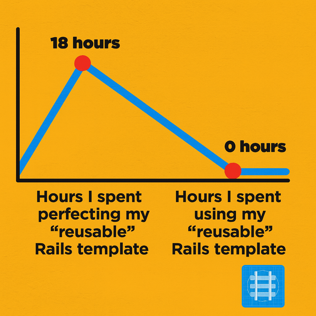 Hours I spent perfecting my "reusable" Rails template vs Hours I spent using my "reusable" Rails template