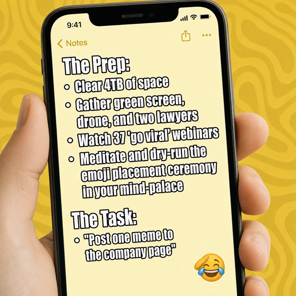 The Prep:
Clear 4TB of space
Gather green screen, drone, and two lawyers
Watch 37 'go viral' webinars
Meditate and dry-run the emoji placement ceremony in your mind-palace

The Task:
"Post one meme to the company page"