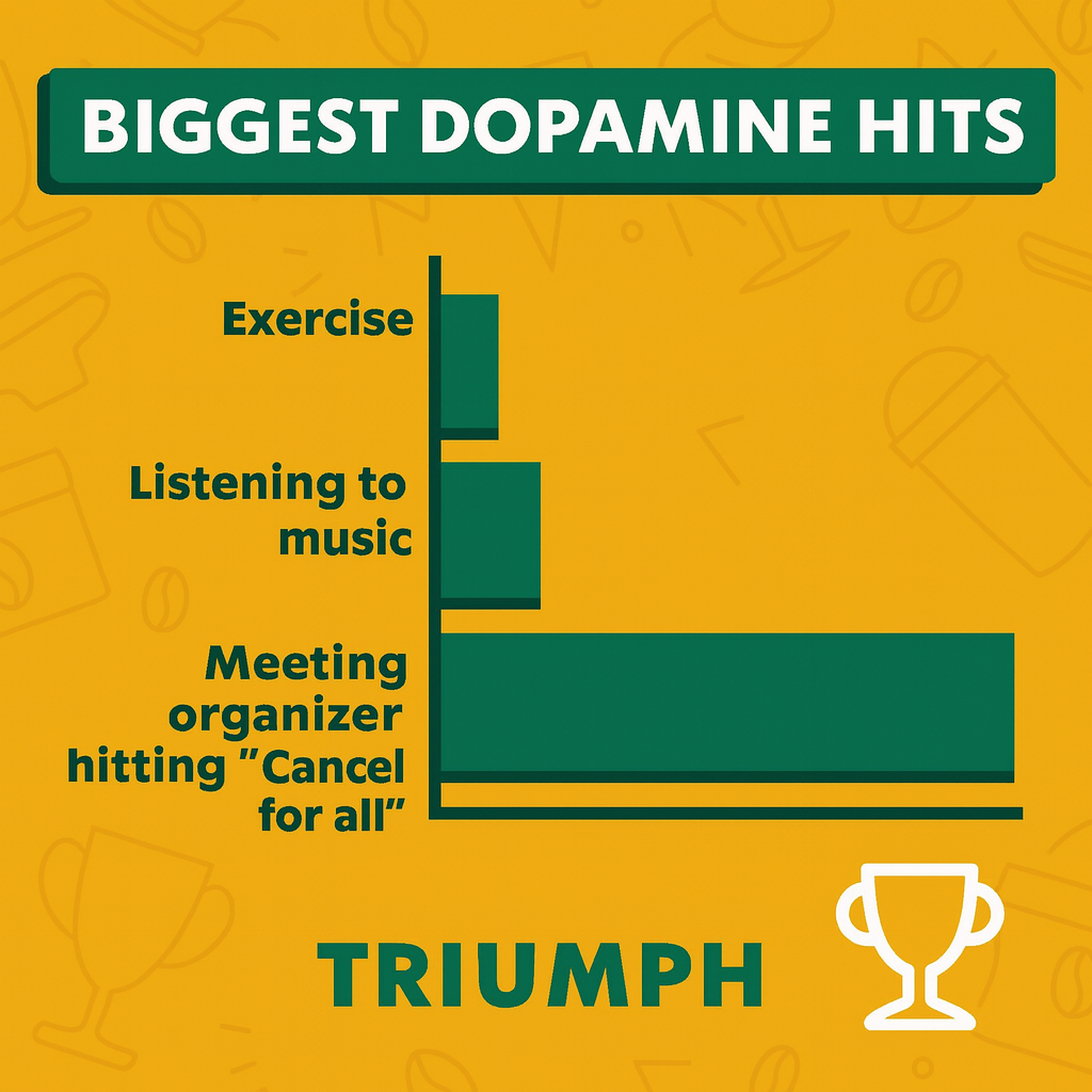 Biggest Dopamine Hits
Exercise
Listening to music
Meeting organizer hitting "Cancel for all"