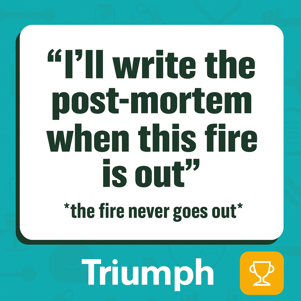 "I'll write the post-mortem when this fire is out" *the fire never goes out*