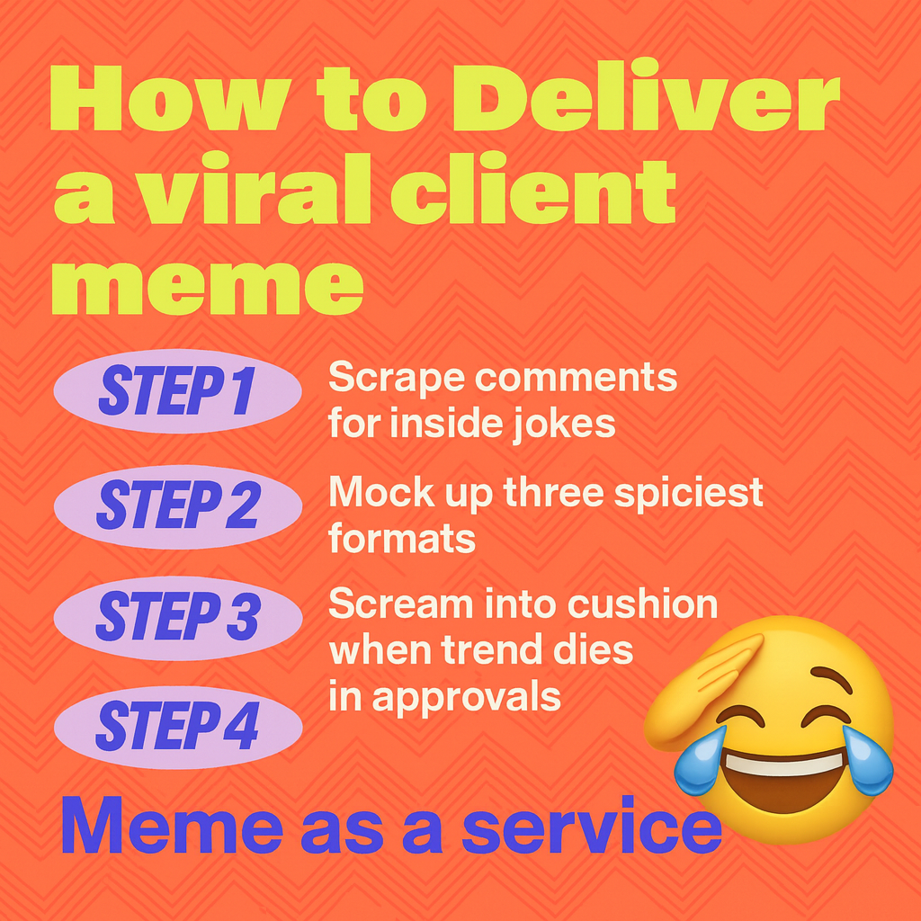 How to Deliver a viral client meme
Step 1: Scrape comments for inside jokes
Step 2: Mock up three spiciest formats
Step 3: Scream into cushion when trend dies in approvals
Step 4: Go to Step One