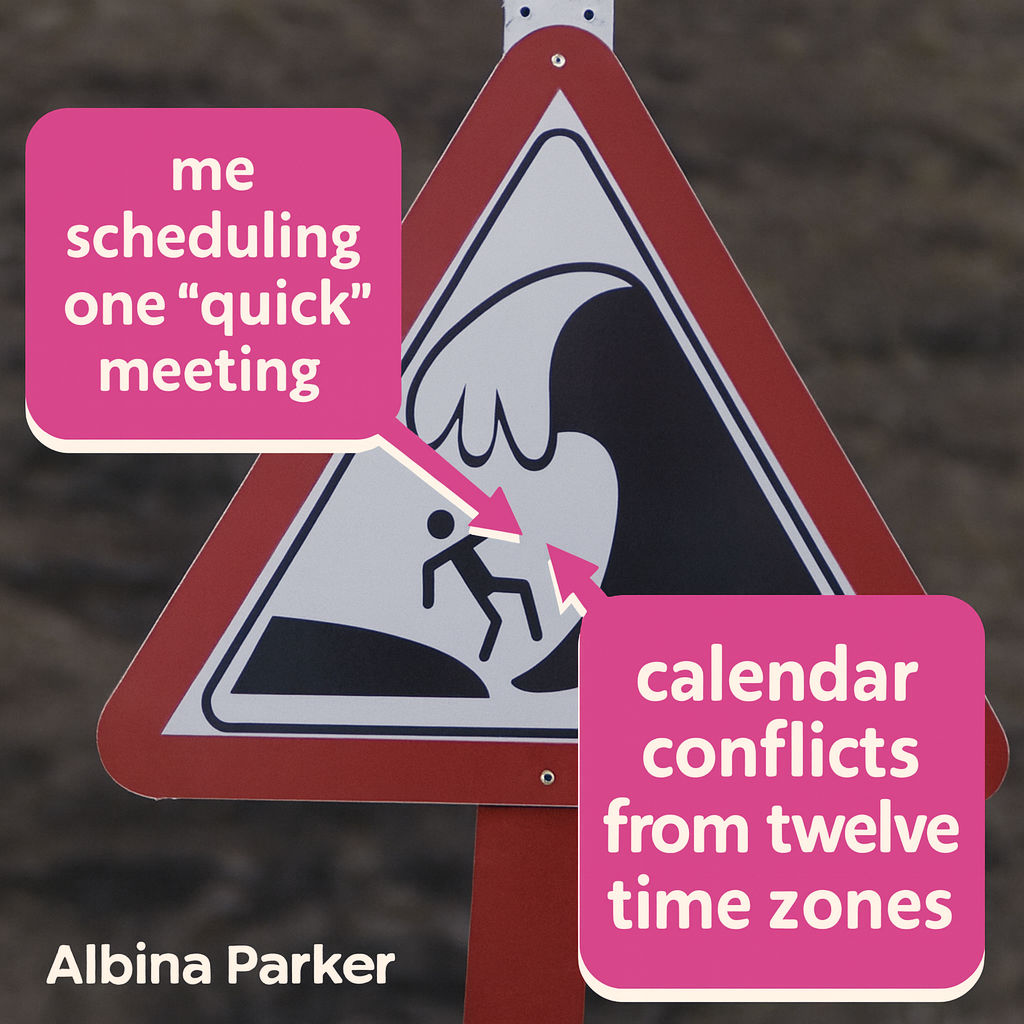 Person: me scheduling one 'quick' meeting / Waves: calendar conflicts from twelve time zones