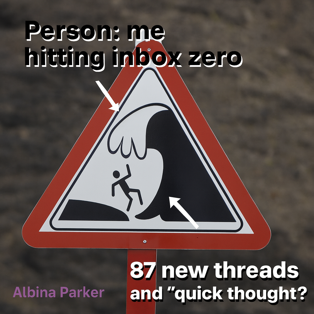 Person: me hitting inbox zero / Waves: 87 new threads and 'quick thoughts?'