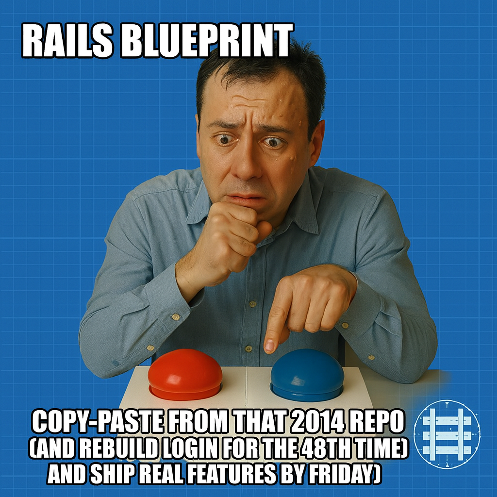 Button A: "Copy-paste from that 2014 repo (and and rebuild login for the 48th time)" Button B: "Start with a production-ready Rails starter (and and ship real features by Friday)"