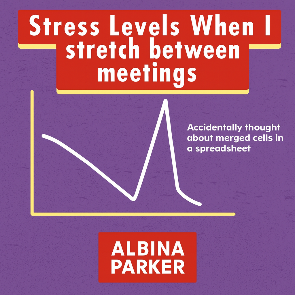 Stress Levels When I stretch between meetings
[Graph showing declining then spiking line]
Accidentally thought about merged cells in a spreadsheet
