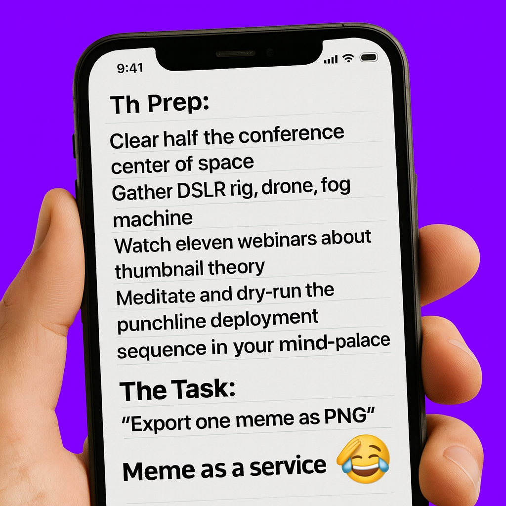 The Prep:
Clear half the conference center of space
Gather DSLR rig, drone, fog machine
Watch eleven webinars about thumbnail theory
Meditate and dry-run the punchline deployment sequence in your mind-palace

The Task:
"Export one meme as PNG"