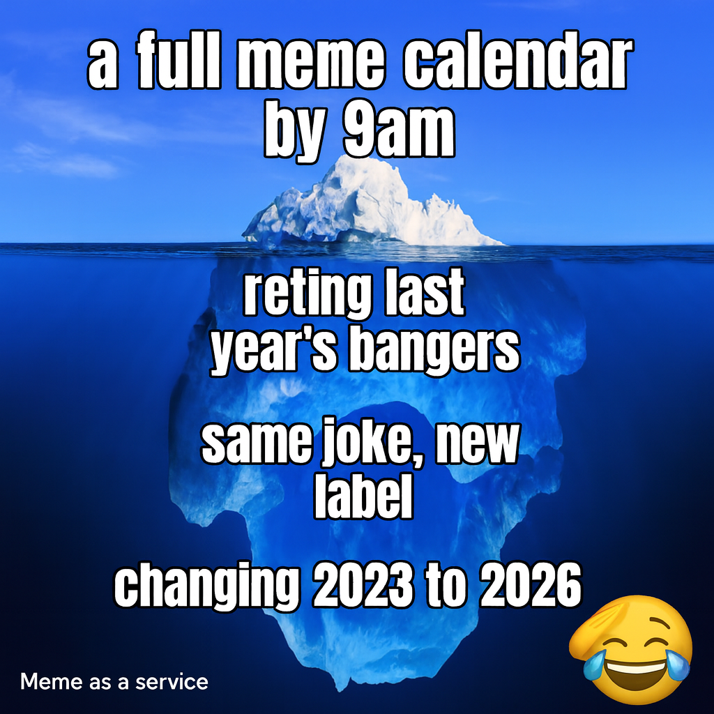 Tip of iceberg: a full meme calendar by 9am / Underwater: reposting last year's bangers, same joke, new label, changing 2023 to 2026