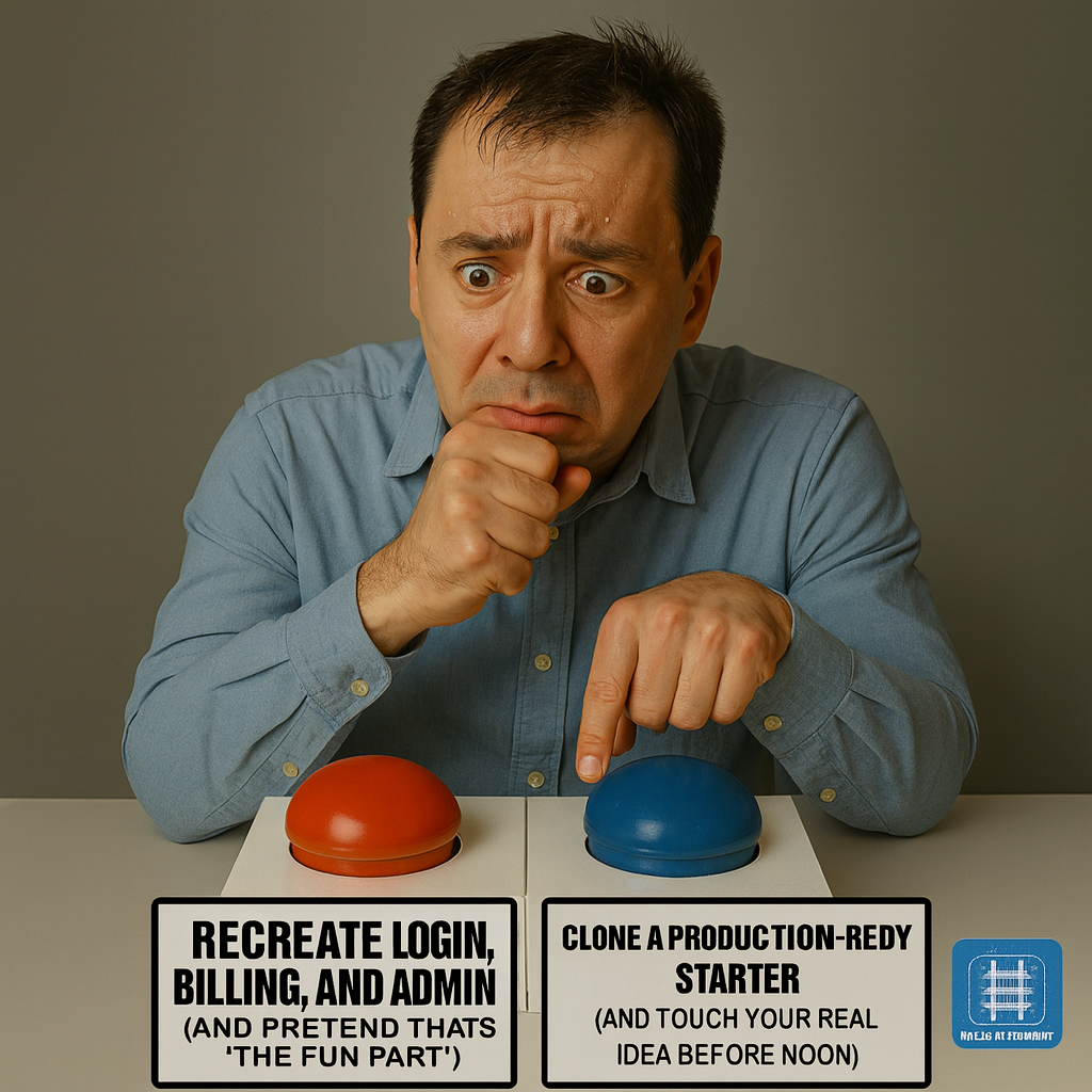 Button A: "Recreate login, billing, and admin (and pretend that's 'the fun part')" Button B: "Clone a production-ready starter (and touch your real idea before noon)"