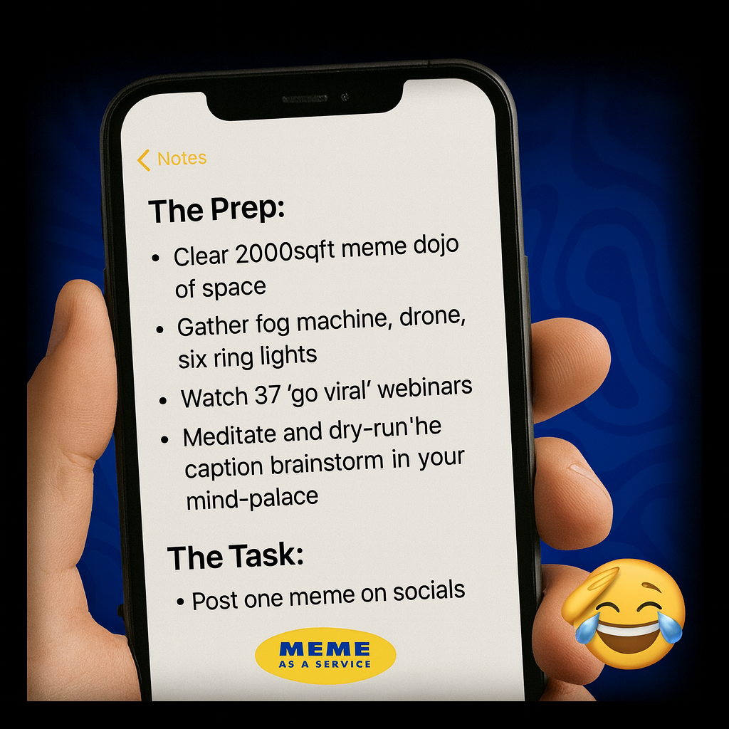 The Prep:
Clear 2,000sqft meme dojo of space
Gather fog machine, drone, six ring lights
Watch 37 'go viral' webinars
Meditate and dry-run the caption brainstorm in your mind-palace

The Task:
"Post one meme on socials"