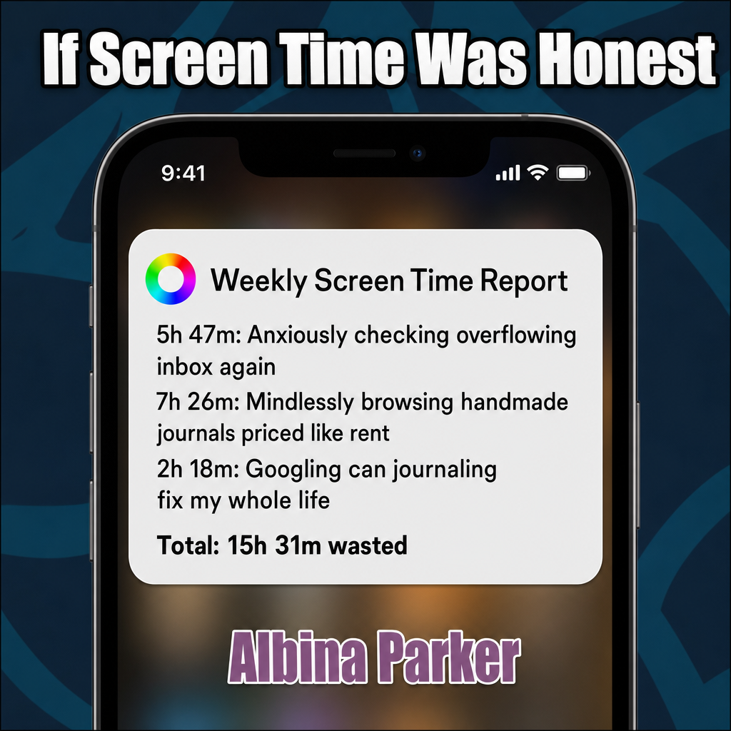 If Screen Time Was Honest
Weekly Screen Time Report
5h 47m: Anxiously checking overflowing inbox again
7h 26m: Mindlessly browsing handmade journals priced like rent
2h 18m: Googling can journaling fix my whole life
Total: 15h 31m wasted