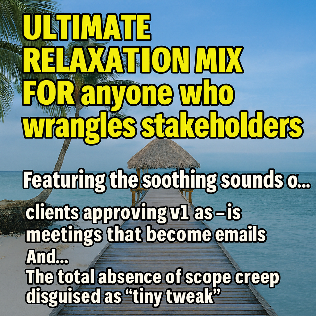 ULTIMATE RELAXATION MIX FOR anyone who wrangles stakeholders
Featuring the soothing sounds of...
clients approving v1 as-is
meetings that become emails
And...
The total absence of scope creep disguised as 'tiny tweak'