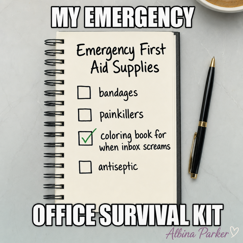 Emergency First Aid Supplies
[ ] bandages
[ ] painkillers
☑ coloring book for when inbox screams
[ ] antiseptic