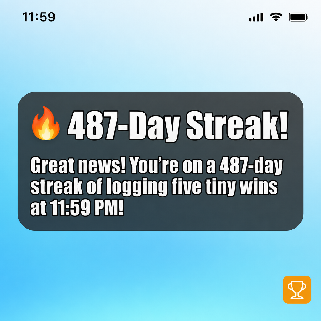 🔥 487-Day Streak! Great news! You're on a 487-day streak of logging five tiny wins at 11:59 PM!