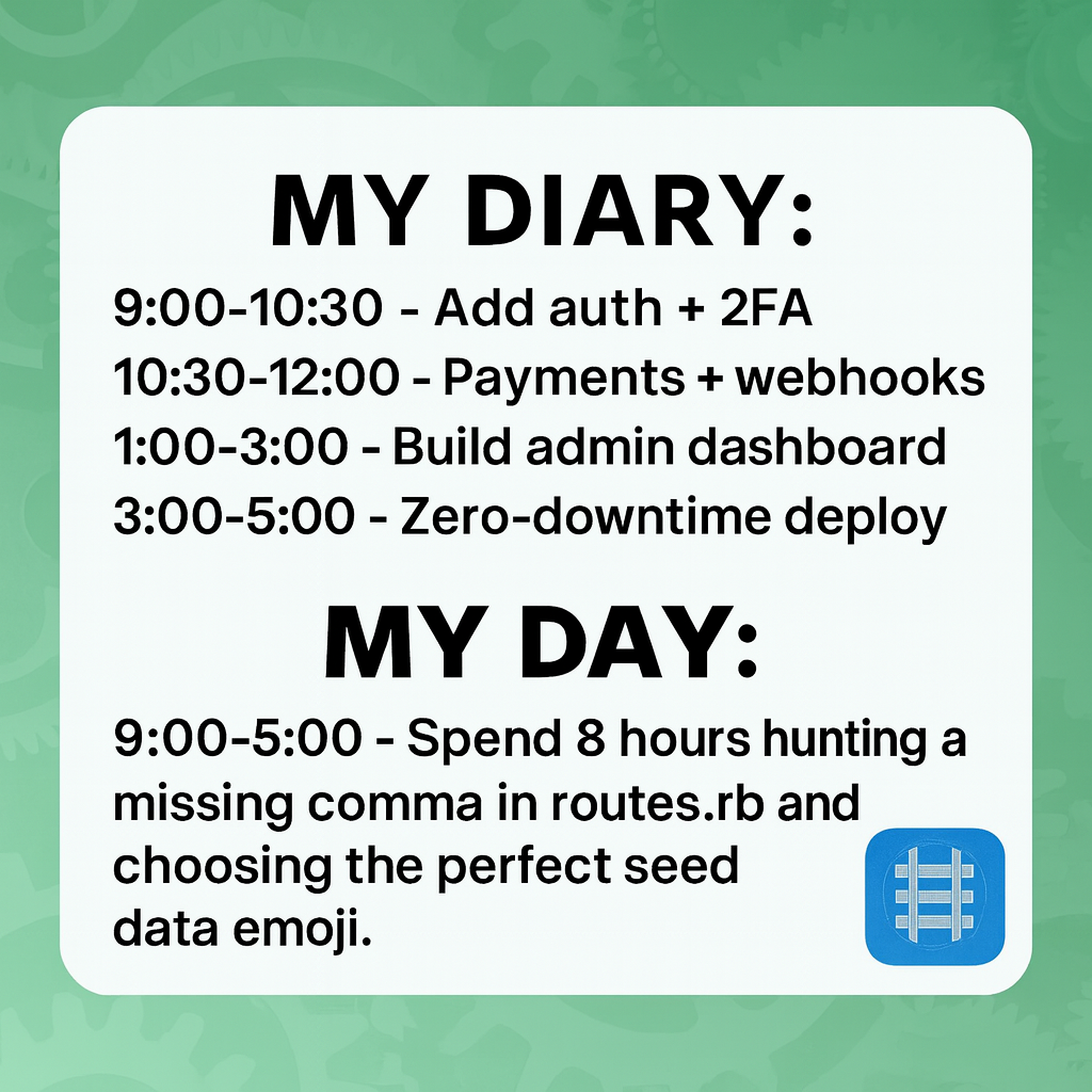 My Diary: "9:00-10:30 - Add auth + 2FA" "10:30-12:00 - Payments + webhooks" "1:00-3:00 - Build admin dashboard" "3:00-5:00 - Zero-downtime deploy"

My Day: "9:00-5:00 - Spend 8 hours hunting a missing comma in routes.rb and choosing the perfect seed data emoji."