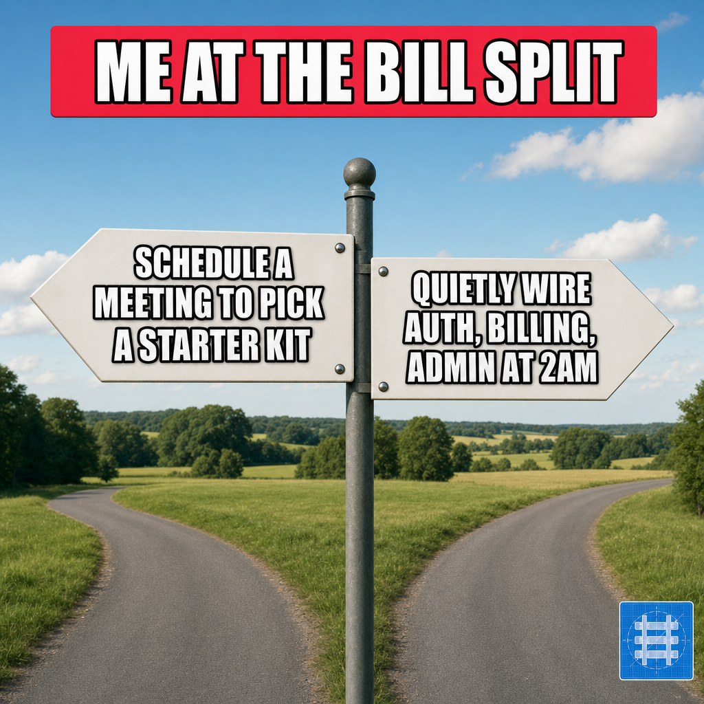 Left sign: Schedule a meeting to pick a starter kit / Right sign: Quietly wire auth, billing, admin at 2am