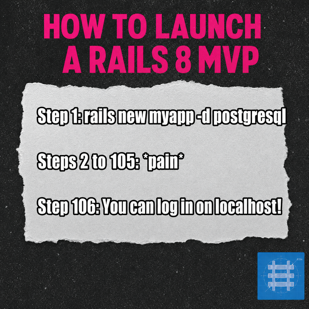 How to launch a Rails 8 MVP

Step 1: rails new myapp -d postgresql

Steps 2 to 105: *pain*

Step 106: You can log in on localhost!