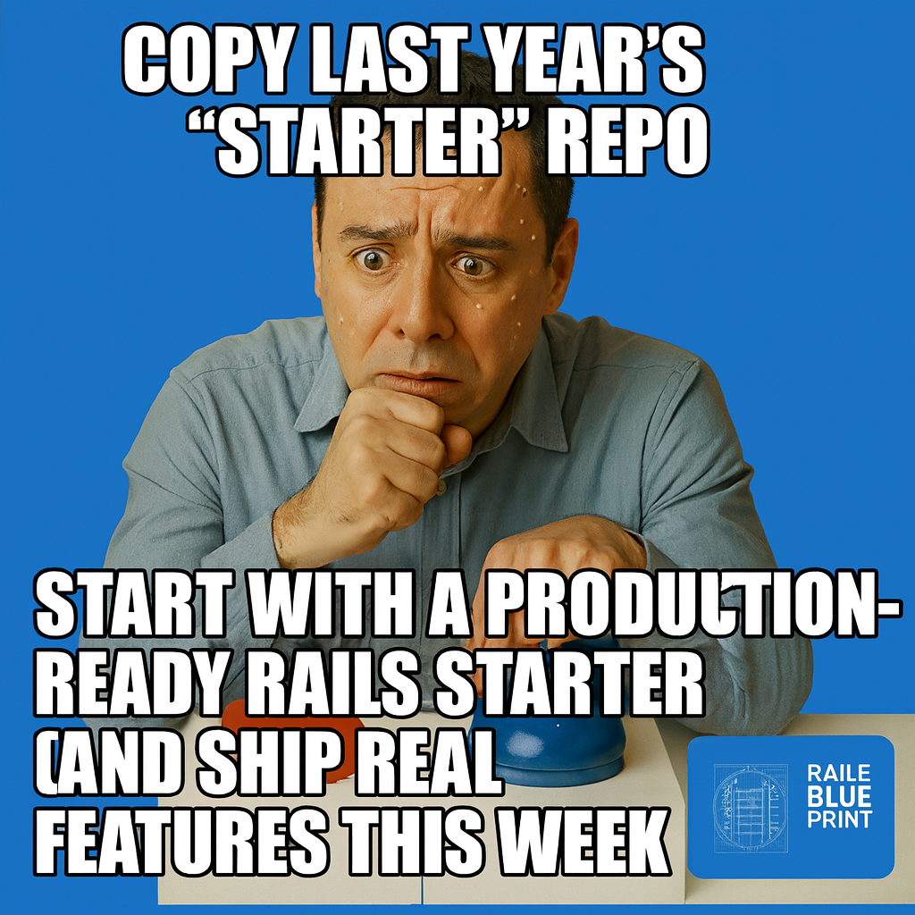 Button A: "Copy last year's 'starter' repo (and and discover 47 TODOs in prod)" Button B: "Start with a production-ready Rails starter (and and ship real features this week)"