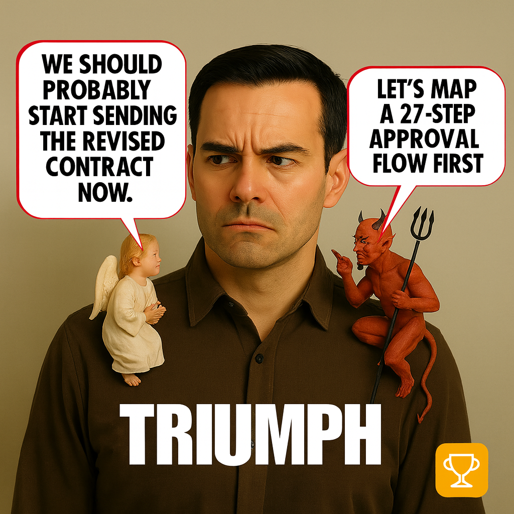 Angel: 'We should probably start sending the revised contract now.' Devil: 'Let's map a 27-step approval flow first.'
