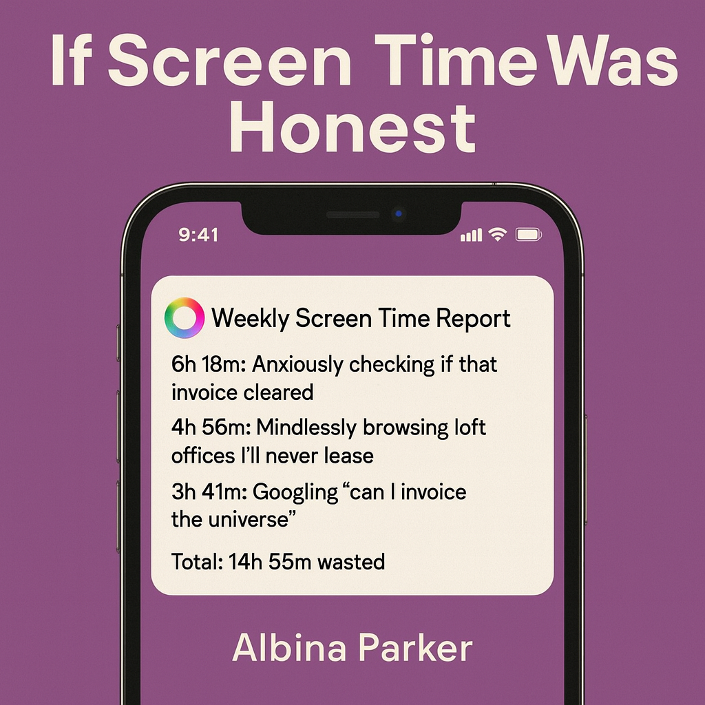 If Screen Time Was Honest
Weekly Screen Time Report
6h 18m: Anxiously checking if that invoice cleared
4h 56m: Mindlessly browsing loft offices I'll never lease
3h 41m: Googling can I invoice the universe
Total: 14h 55m wasted