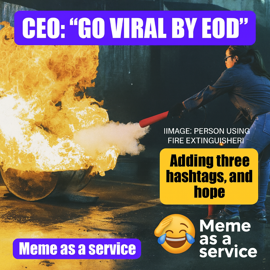 CEO: 'Go viral by EOD' IMAGE: PERSON USING FIRE EXTINGUISHER Adding three hashtags and hope