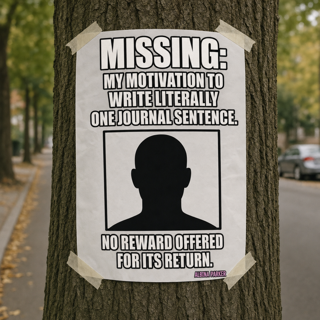 MISSING: My motivation to write literally one journal sentence.

[PICTURE OF BLANK FACE OUTLINE SILHOUETTE]

No reward offered for its return.
