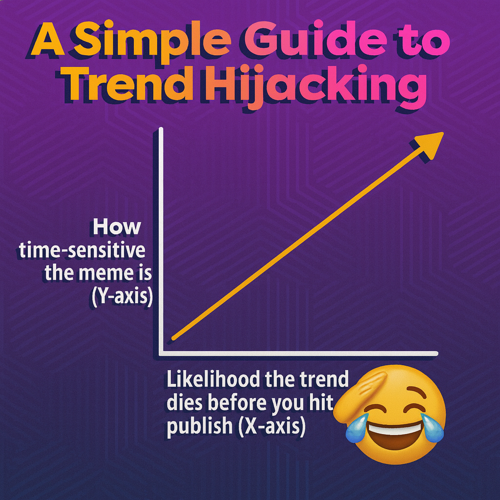 A Simple Guide to Trend Hijacking - How time-sensitive the meme is (Y-axis) vs Likelihood the trend dies before you hit publish (X-axis) with an upward trending line