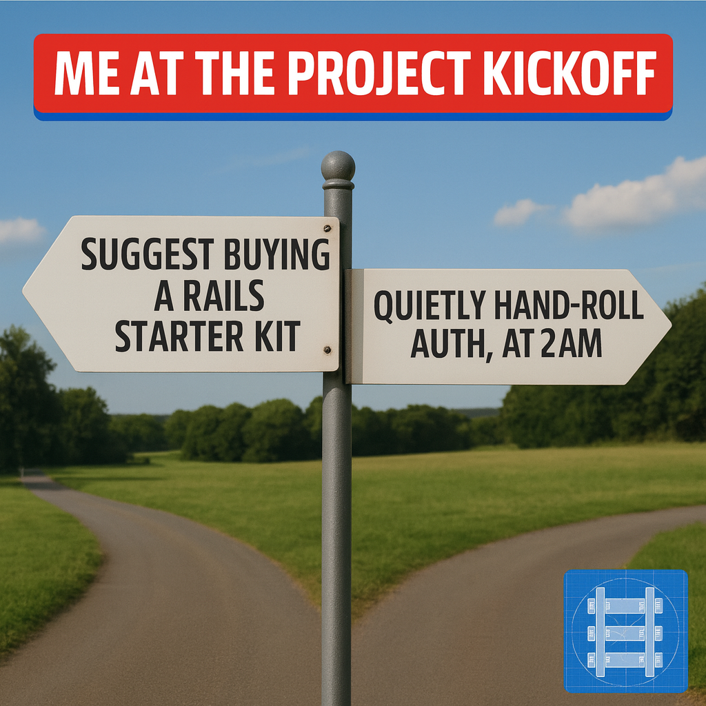 Left sign: SUGGEST BUYING A RAILS STARTER KIT / Right sign: QUIETLY HAND-ROLL AUTH, BILLING AT 2AM