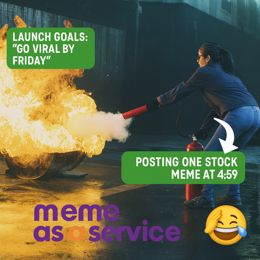 LAUNCH GOALS: "GO VIRAL BY FRIDAY" IMAGE: PERSON USING FIRE EXTINGUISHER POSTING ONE STOCK MEME AT 4:59