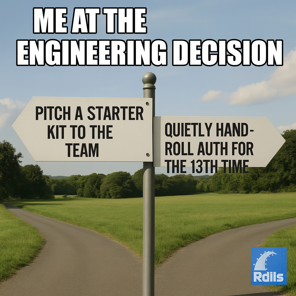 Left sign: Pitch a starter kit to the team / Right sign: Quietly hand-roll auth for the 13th time